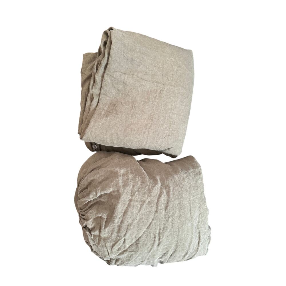 The Citizenry 100% French Linen Duvet Cover and Fitted Sheet in Queen Army Green